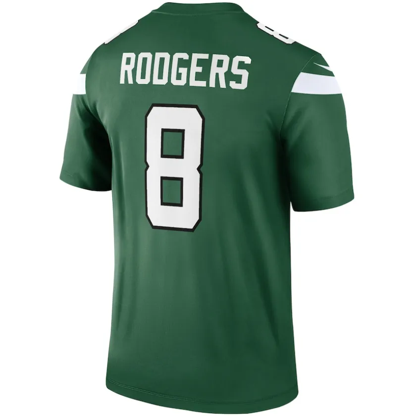 Nike Legend|Short Sleeved^New York Jets Men's Nike Aaron Rodgers Gotham Green Team Legend Player Performance Top