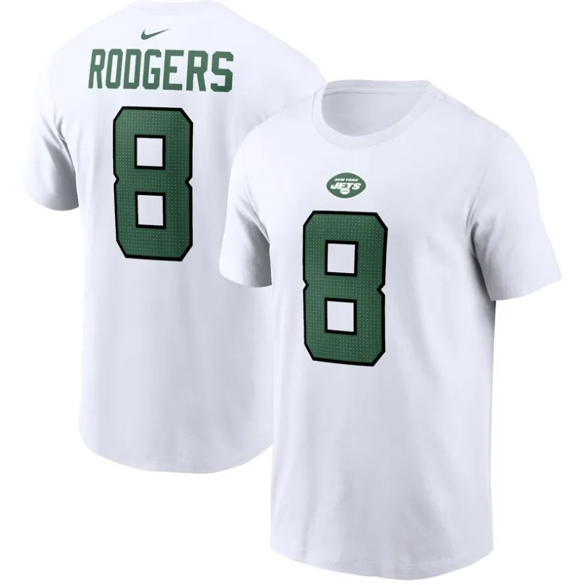 T-Shirts|Men^New York Jets Men's Nike Aaron Rodgers White Player Name & Number T-Shirt