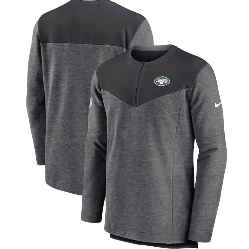 Jackets|Sweatshirts & Fleece^New York Jets Men's Nike Charcoal Sideline Lockup Performance Quarter-Zip Top