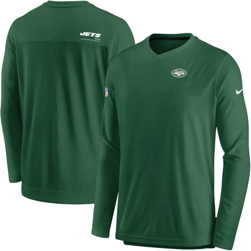 Long Sleeved^New York Jets Men's Nike Green Sideline Coach Chevron Lock Up Long Sleeve V-Neck Performance T-Shirt