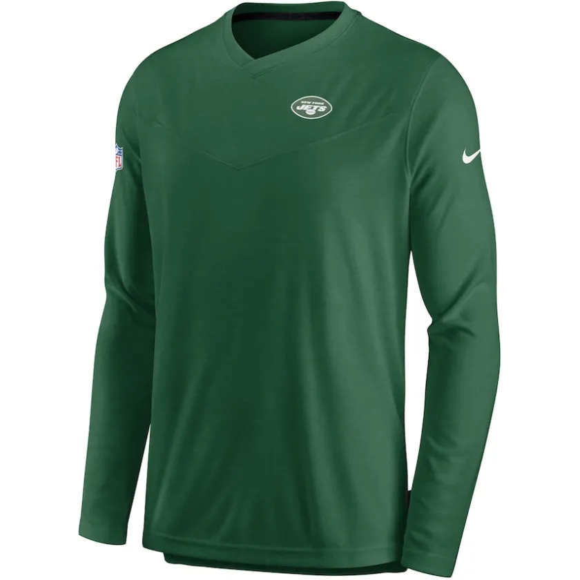 Long Sleeved^New York Jets Men's Nike Green Sideline Coach Chevron Lock Up Long Sleeve V-Neck Performance T-Shirt