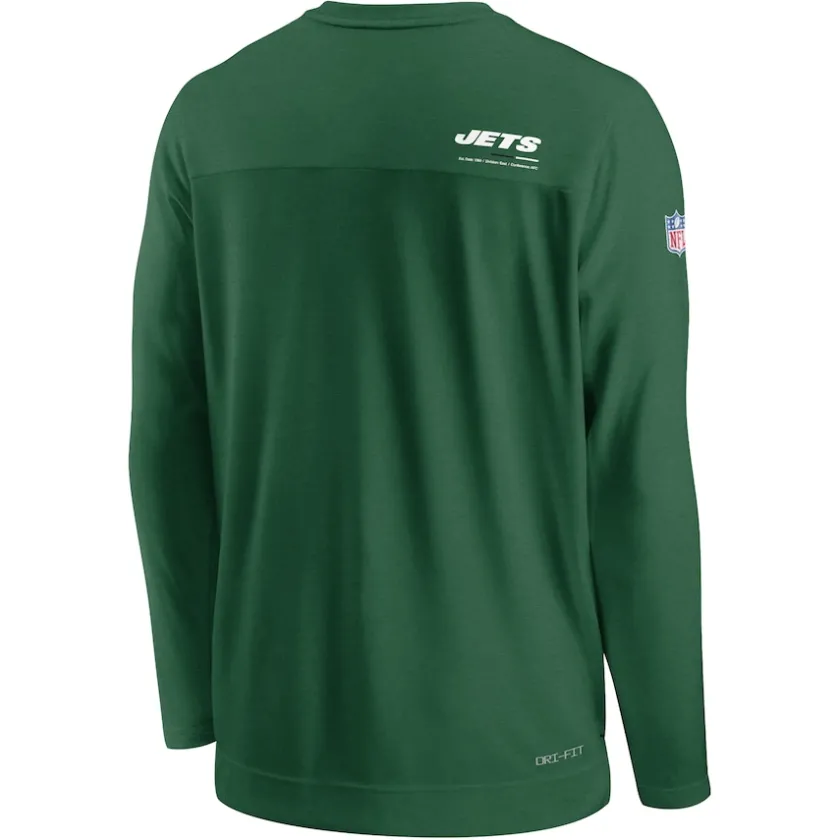Long Sleeved^New York Jets Men's Nike Green Sideline Coach Chevron Lock Up Long Sleeve V-Neck Performance T-Shirt