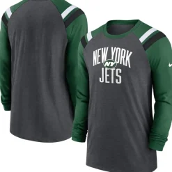 Long Sleeved^New York Jets Men's Nike Heathered Charcoal/Green Tri-Blend Raglan Athletic Long Sleeve Fashion T-Shirt