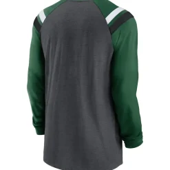 Long Sleeved^New York Jets Men's Nike Heathered Charcoal/Green Tri-Blend Raglan Athletic Long Sleeve Fashion T-Shirt