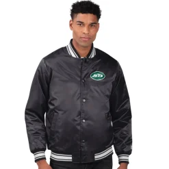 Jackets^New York Jets Men's Starter Black Team Logo Satin Varsity Full-Snap Jacket