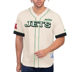 Sweaters & Dress Shirts^New York Jets Men's Starter Cream Relay Vintage Full-Button Baseball Top