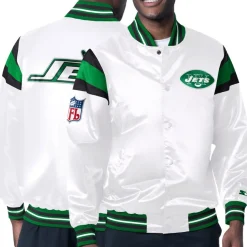 Jackets^New York Jets Men's Starter White/Green Vintage Satin Full-Snap Varsity Jacket