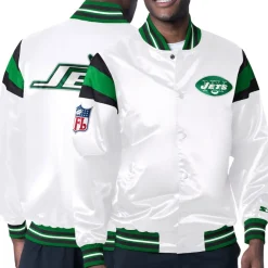 Jackets^New York Jets Men's Starter White/Green Vintage Satin Full-Snap Varsity Jacket