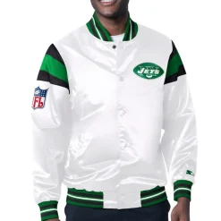Jackets^New York Jets Men's Starter White/Green Vintage Satin Full-Snap Varsity Jacket