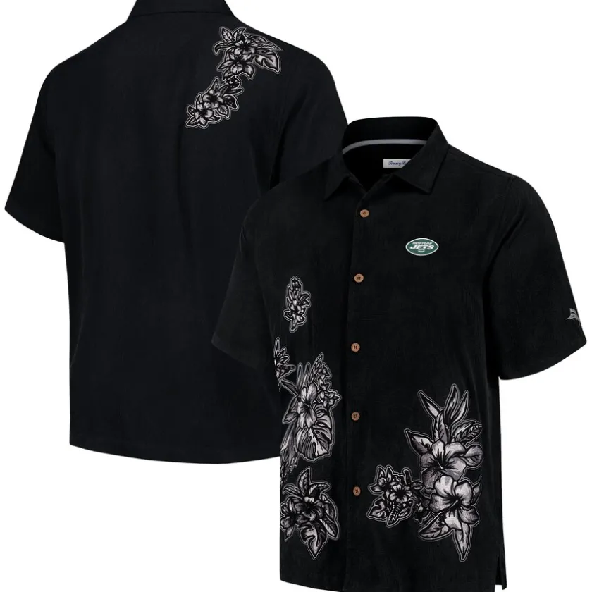 Sweaters & Dress Shirts^New York Jets Men's Tommy Bahama Black Hibiscus Camp Button-Up Shirt