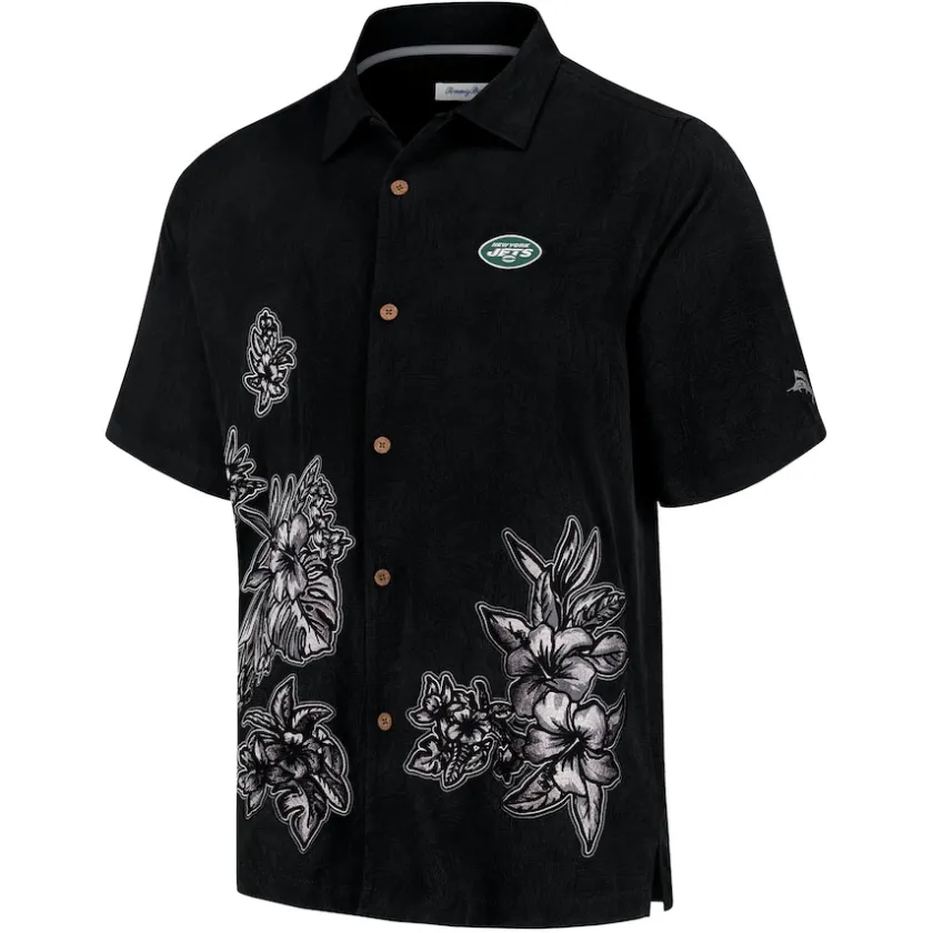 Sweaters & Dress Shirts^New York Jets Men's Tommy Bahama Black Hibiscus Camp Button-Up Shirt