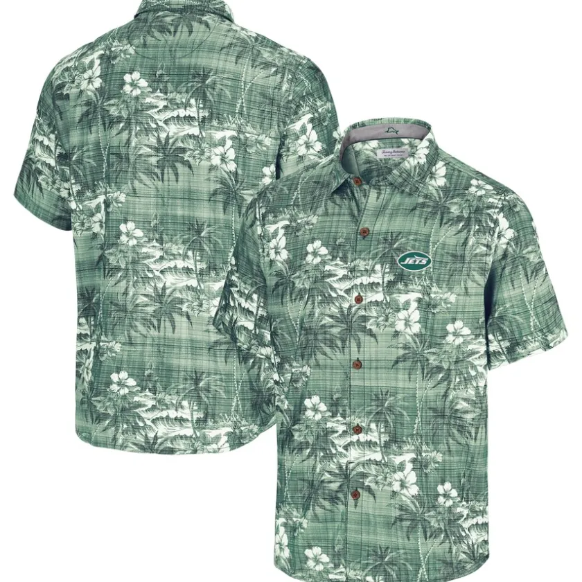 Sweaters & Dress Shirts^New York Jets Men's Tommy Bahama Green Coconut Point Isla Palmetta Camp Button-Up Shirt