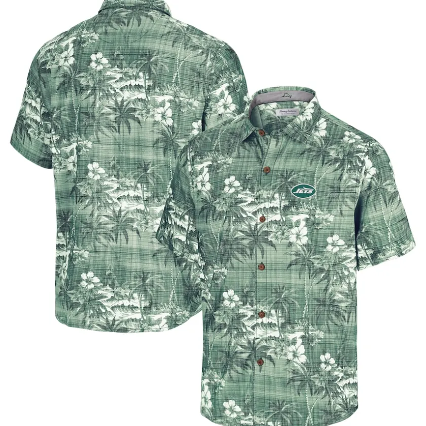 Sweaters & Dress Shirts^New York Jets Men's Tommy Bahama Green Coconut Point Isla Palmetta Camp Button-Up Shirt