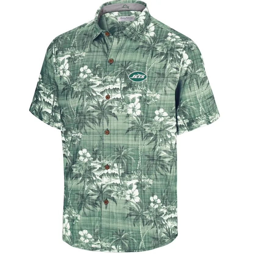 Sweaters & Dress Shirts^New York Jets Men's Tommy Bahama Green Coconut Point Isla Palmetta Camp Button-Up Shirt