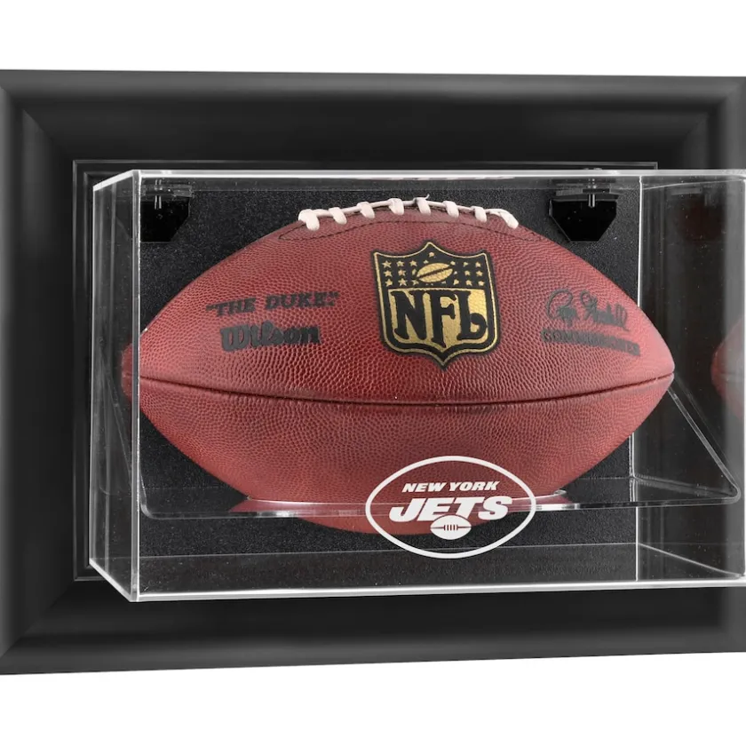 Display Cases^New York Jets Black Framed Wall-Mountable Football Logo Display Case