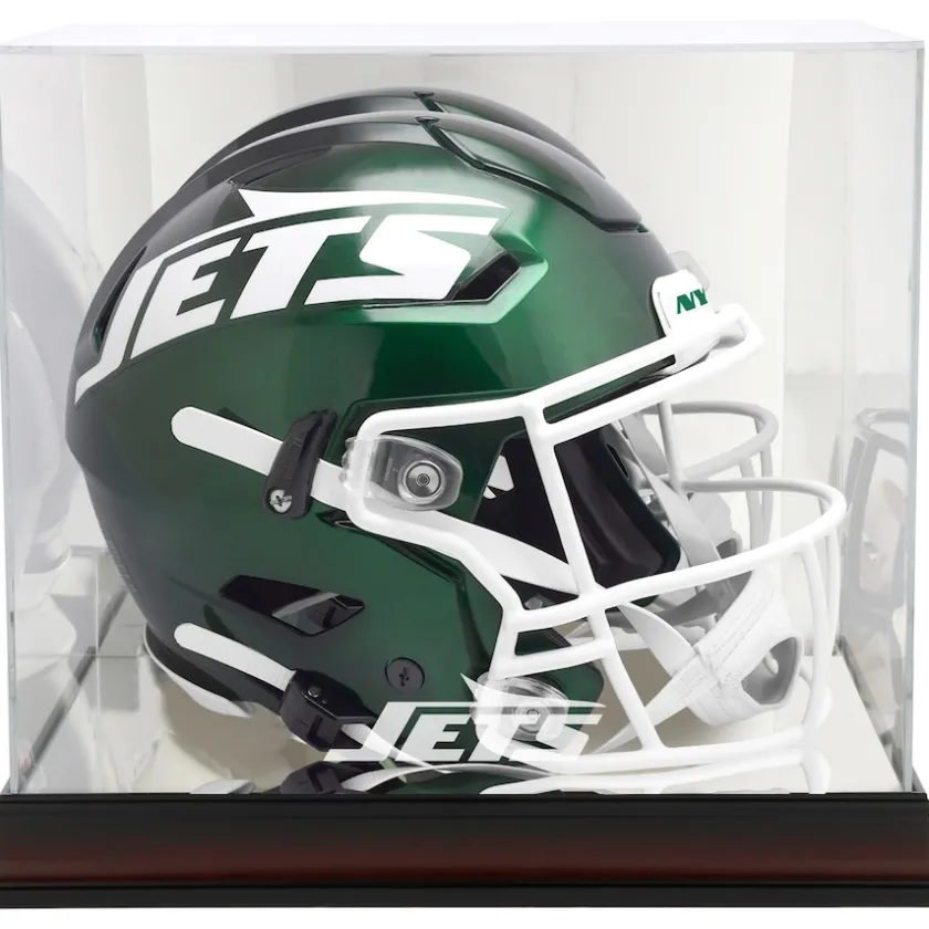 Display Cases^New York Jets Mahogany Helmet Logo Display Case With Mirror Back