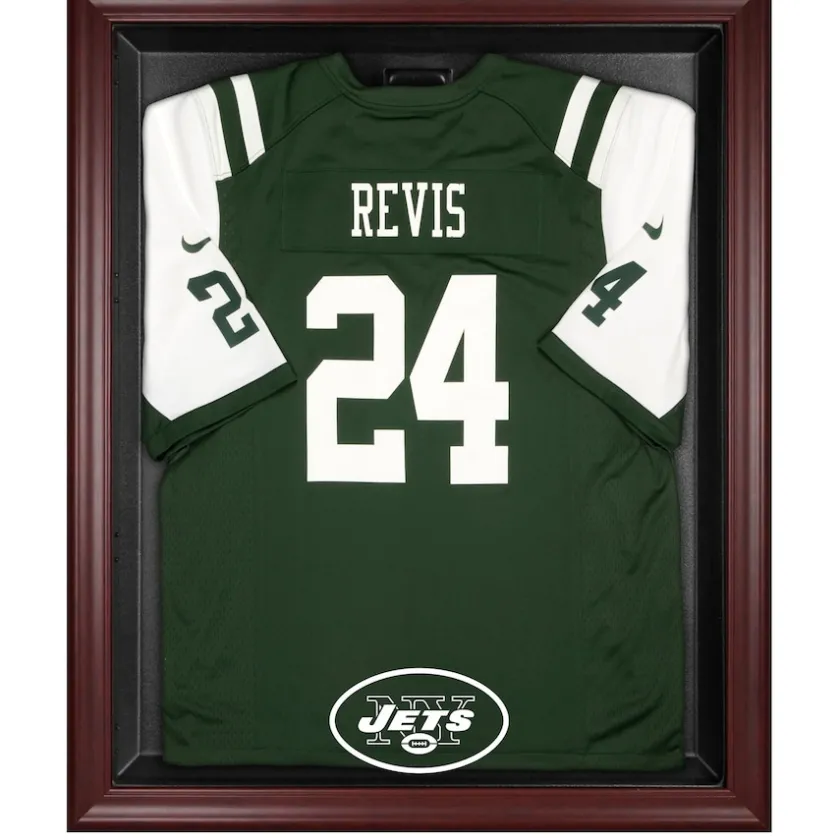 Display Cases^New York Jets Throwback Logo 1998 - 2018 Mahogany Frame Jersey Display Case
