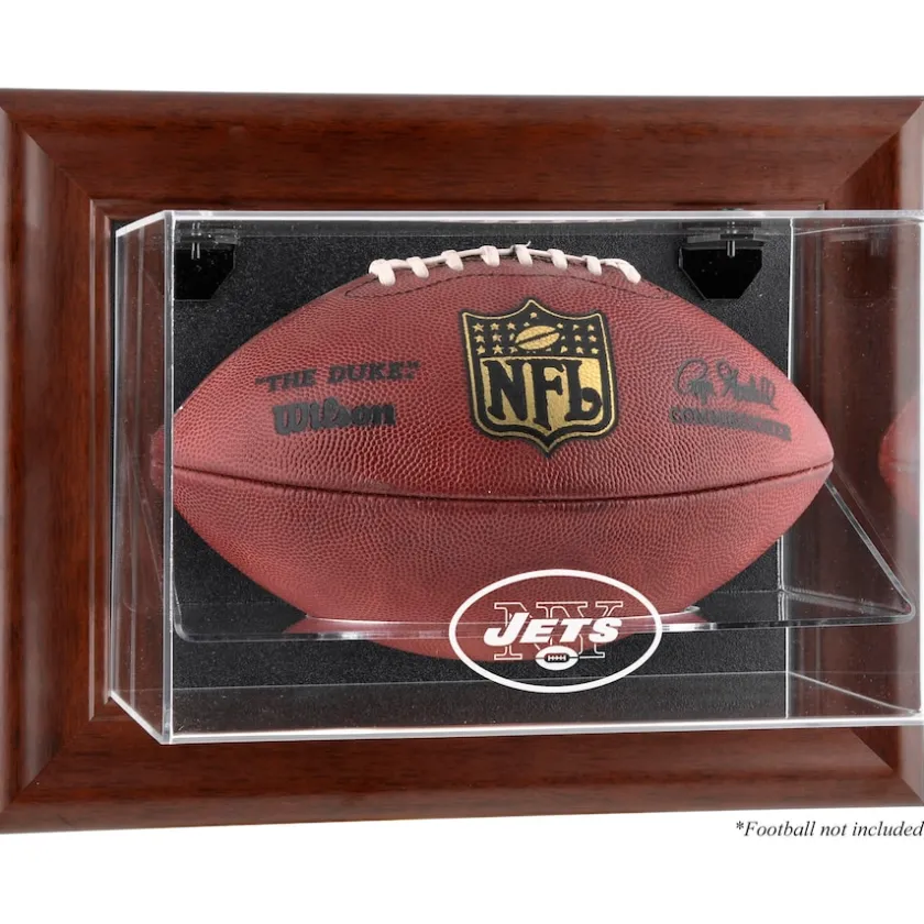 Display Cases^New York Jets Throwback Logo 1998 - 2018 Brown Framed Wall-Mountable Football Display Case