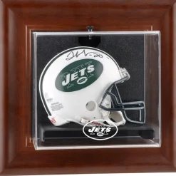 Display Cases^New York Jets Throwback Logo 1998 - 2018 Brown Framed Wall-Mountable Mini Helmet Display Case
