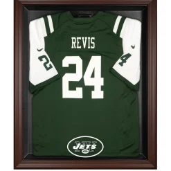 Display Cases^New York Jets Throwback Logo 1998 - 2018 Brown Framed Logo Jersey Display Case