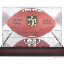 Display Cases^New York Jets Throwback Logo 1998 - 2018 Mahogany Football Logo Display Case With Mirror Back