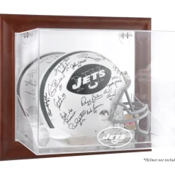 Display Cases^New York Jets Throwback Logo 1998 - 2018 Brown Framed Wall-Mountable Logo Helmet Case