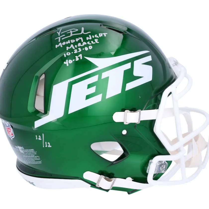 Autographed Items|Helmets^New York Jets Vinny Testaverde Autographed Riddell Speed Authentic Helmet With Monday Night Miracle Inscriptions - Limited Edition #12/12