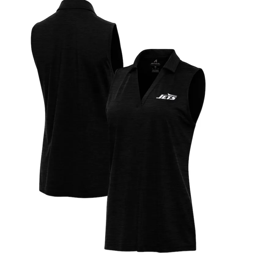 Polos^New York Jets Women's Antigua Heather Black Layout Sleeveless V-Neck Polo