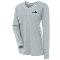 Sweaters & Dress Shirts|Sweaters^New York Jets Women's Antigua Heather Gray Symbolic Long Sleeve V-Neck Top