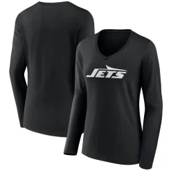 Long Sleeved^New York Jets Women's Black Primary Team Logo Long Sleeve V-Neck T-Shirt