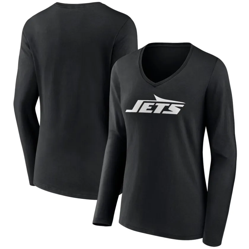 Long Sleeved^New York Jets Women's Black Primary Team Logo Long Sleeve V-Neck T-Shirt