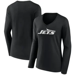 Long Sleeved^New York Jets Women's Black Primary Team Logo Long Sleeve V-Neck T-Shirt