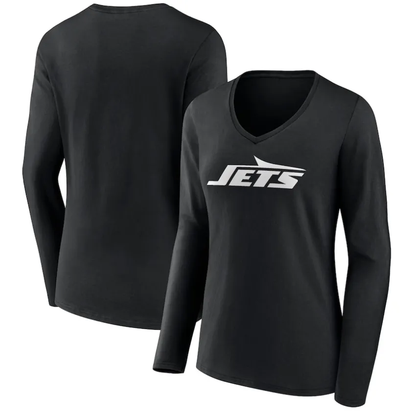 Long Sleeved^New York Jets Women's Black Primary Team Logo Long Sleeve V-Neck T-Shirt