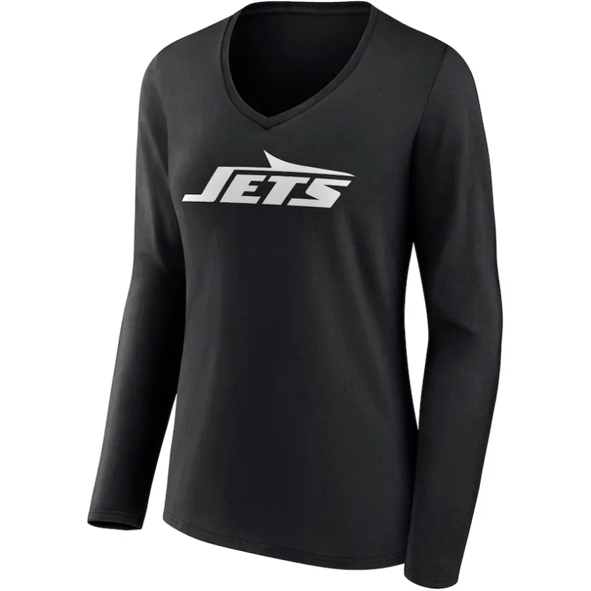 Long Sleeved^New York Jets Women's Black Primary Team Logo Long Sleeve V-Neck T-Shirt