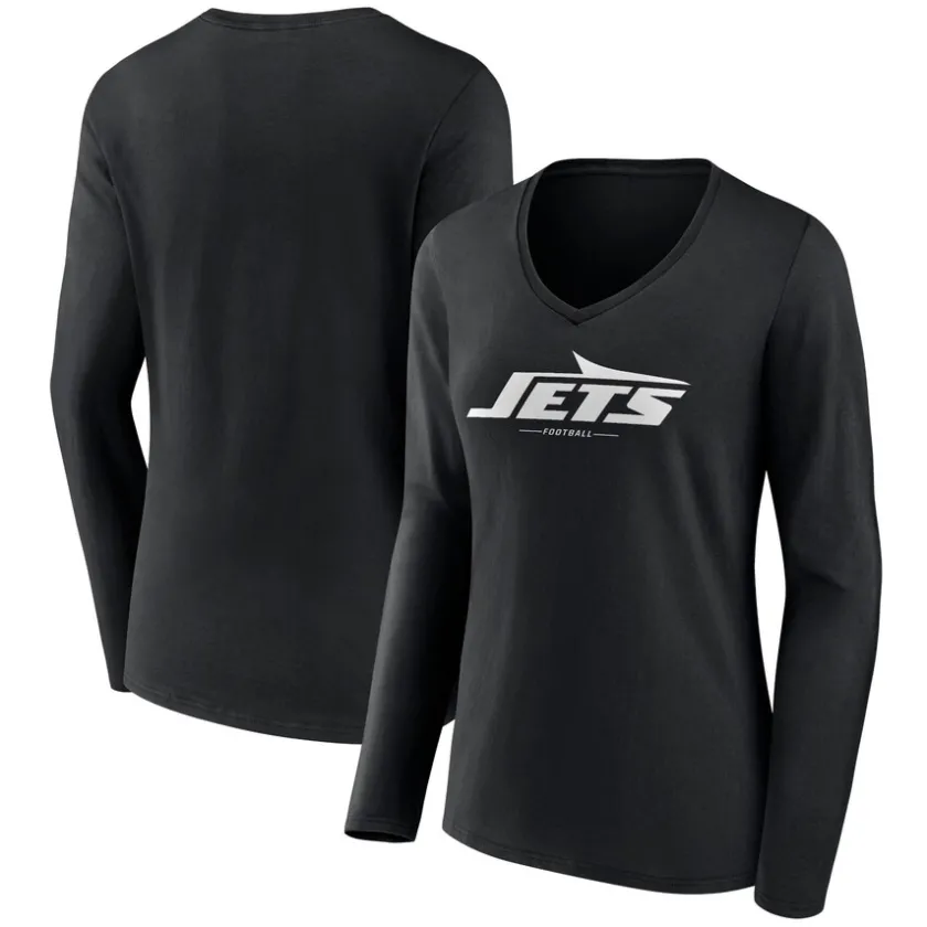 T-Shirts|Women^New York Jets Women's Black Logo Team Lockup Long Sleeve V-Neck T-Shirt