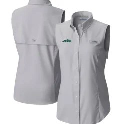 Tank Tops^New York Jets Women's Columbia Gray PFG Tamiami Omni-Shade Sleeveless Button-Up Shirt