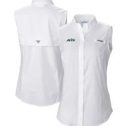Tank Tops^New York Jets Women's Columbia White PFG Tamiami Omni-Shade Sleeveless Button-Up Shirt