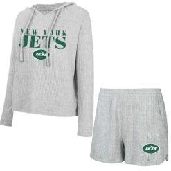 Underwear & Sleepwear^New York Jets Women's Concepts Sport Gray Juniper Long Sleeve Hoodie T-Shirt & Shorts Set