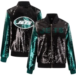 Jackets^New York Jets Women's Cuce Black/Green Two-Tone Sequin Full-Zip Jacket
