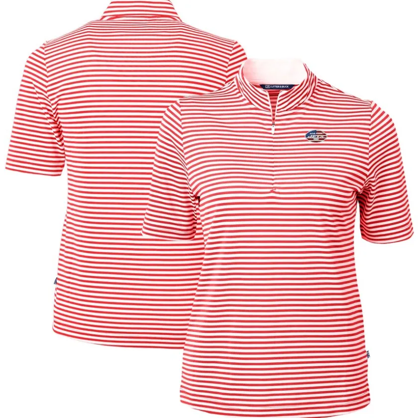 Sweaters & Dress Shirts^New York Jets Women's Cutter & Buck Red DryTec Virtue Eco Pique Stripe Recycled Polo