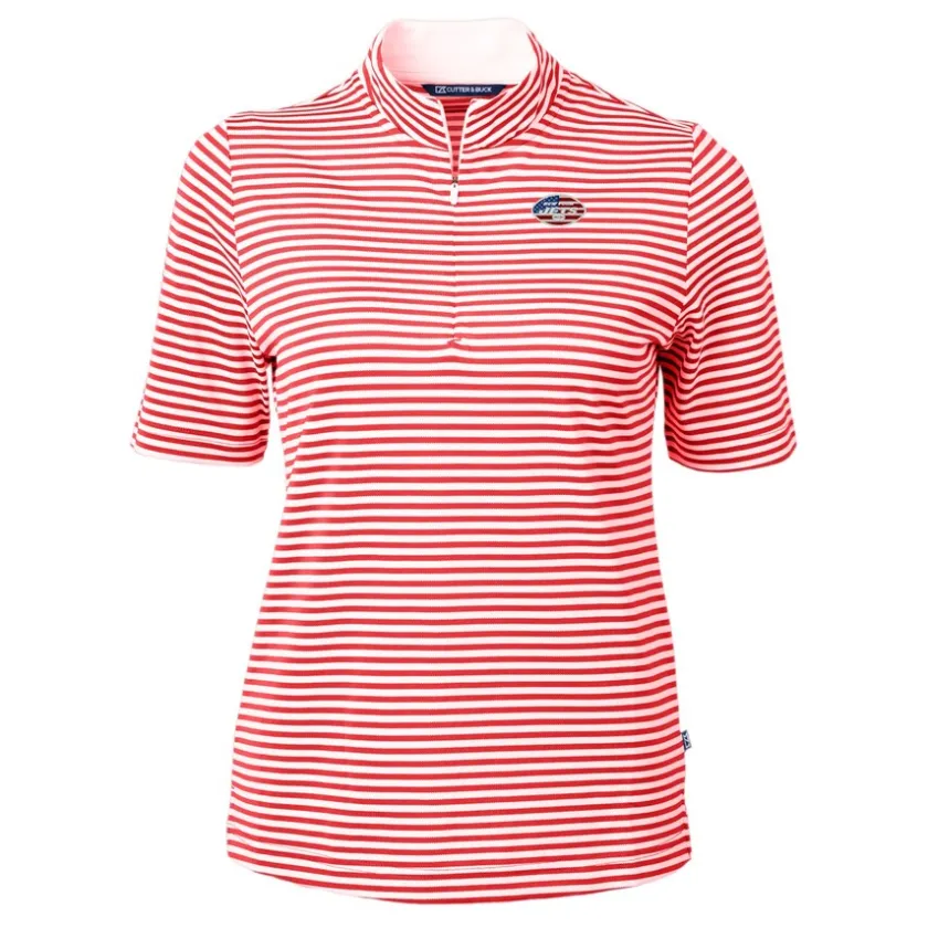 Sweaters & Dress Shirts^New York Jets Women's Cutter & Buck Red DryTec Virtue Eco Pique Stripe Recycled Polo
