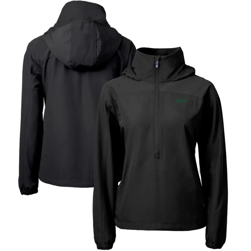 Jackets|Sweatshirts & Fleece^New York Jets Women's Cutter & Buck Black Primary Logo Charter Eco Recycled Half-Zip Hoodie Anorak Jacket