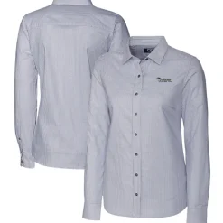 Sweaters & Dress Shirts^New York Jets Women's Cutter & Buck Charcoal Throwback Logo Stretch Oxford Stripe Long Sleeve Button-Up Shirt