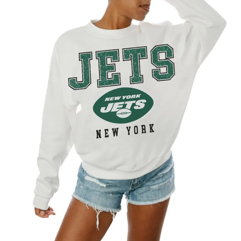 Sweatshirts & Fleece|Women^New York Jets Women's Gameday Couture White Sunday Drives Oversized Crewneck Pullover Sweatshirt