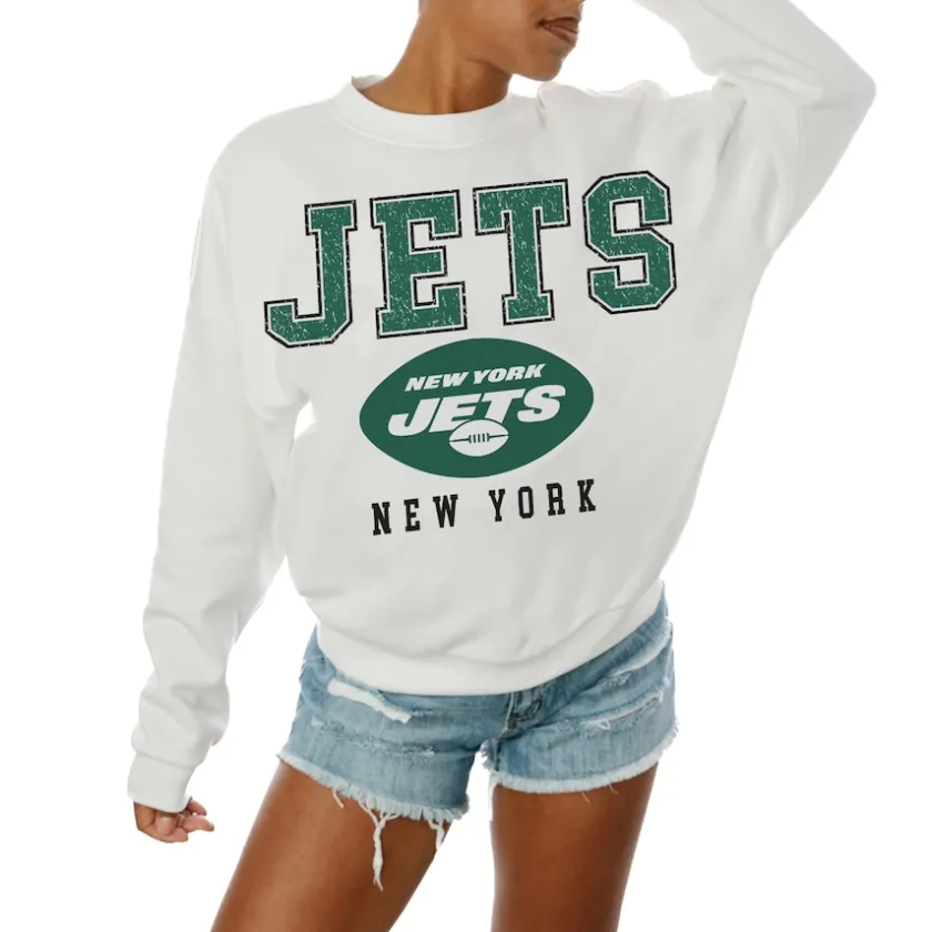 Sweatshirts & Fleece|Women^New York Jets Women's Gameday Couture White Sunday Drives Oversized Crewneck Pullover Sweatshirt