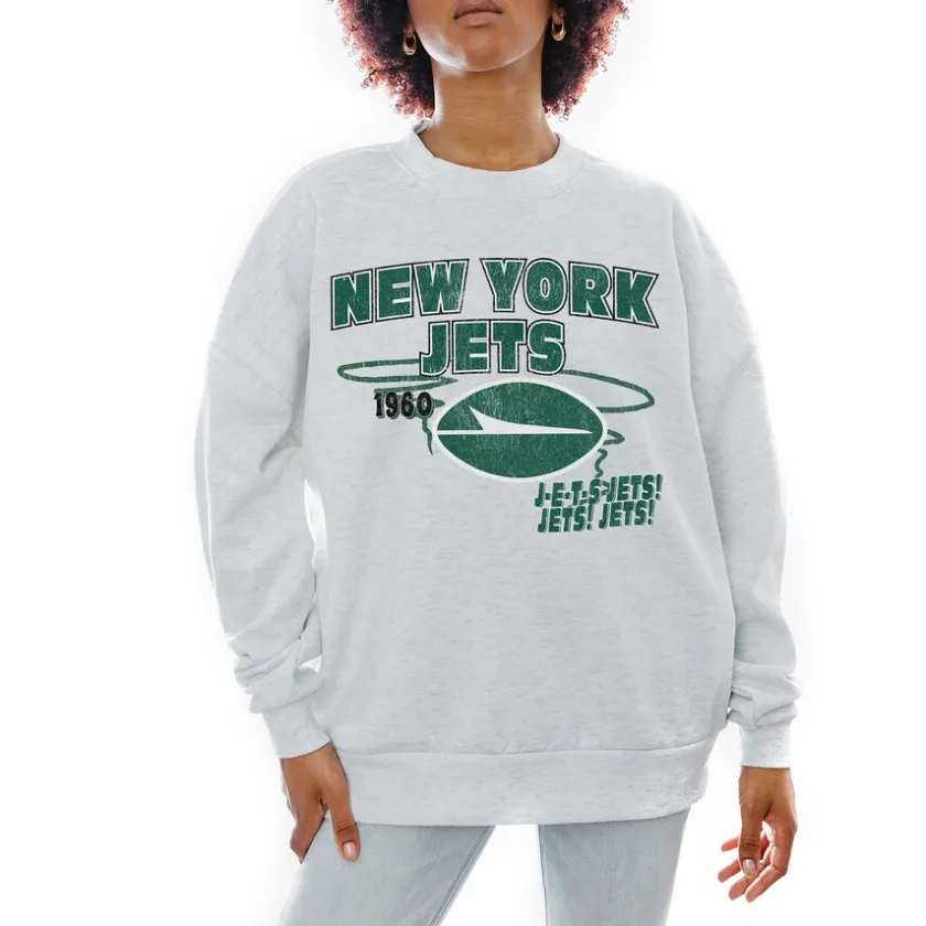 Jackets|Sweatshirts & Fleece^New York Jets Women's Gameday Couture Ash Gridiron Goals Premium Drop Shoulder Pullover Sweatshirt