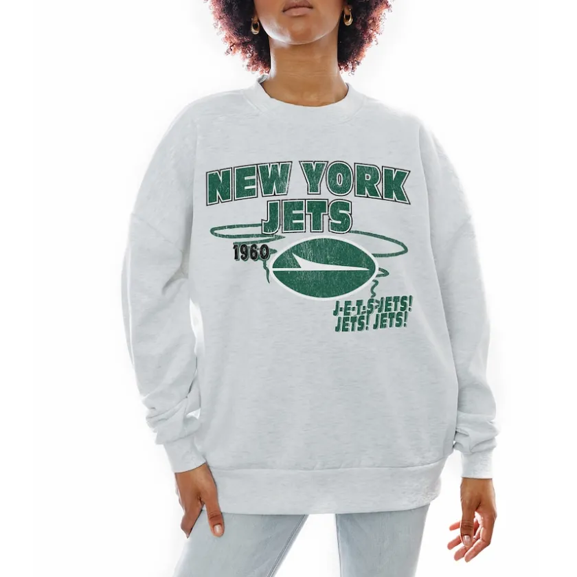 Jackets|Sweatshirts & Fleece^New York Jets Women's Gameday Couture Ash Gridiron Goals Premium Drop Shoulder Pullover Sweatshirt