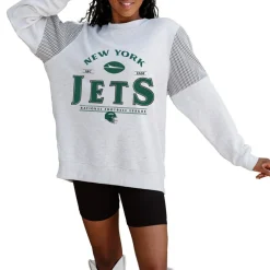 Jackets|Sweatshirts & Fleece^New York Jets Women's Gameday Couture Ash Rhinestone Star Mesh Shoulder Fleece Pullover Sweatshirt
