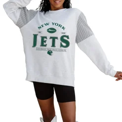 Jackets|Sweatshirts & Fleece^New York Jets Women's Gameday Couture Ash Rhinestone Star Mesh Shoulder Fleece Pullover Sweatshirt