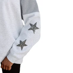 Jackets|Sweatshirts & Fleece^New York Jets Women's Gameday Couture Ash Rhinestone Star Mesh Shoulder Fleece Pullover Sweatshirt